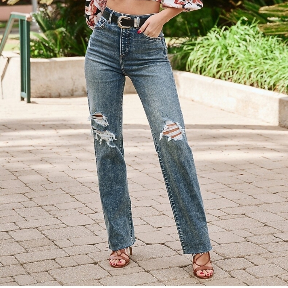 Express Womens Modern Straight Super High Rise Distressed Medium Wash Size 12R